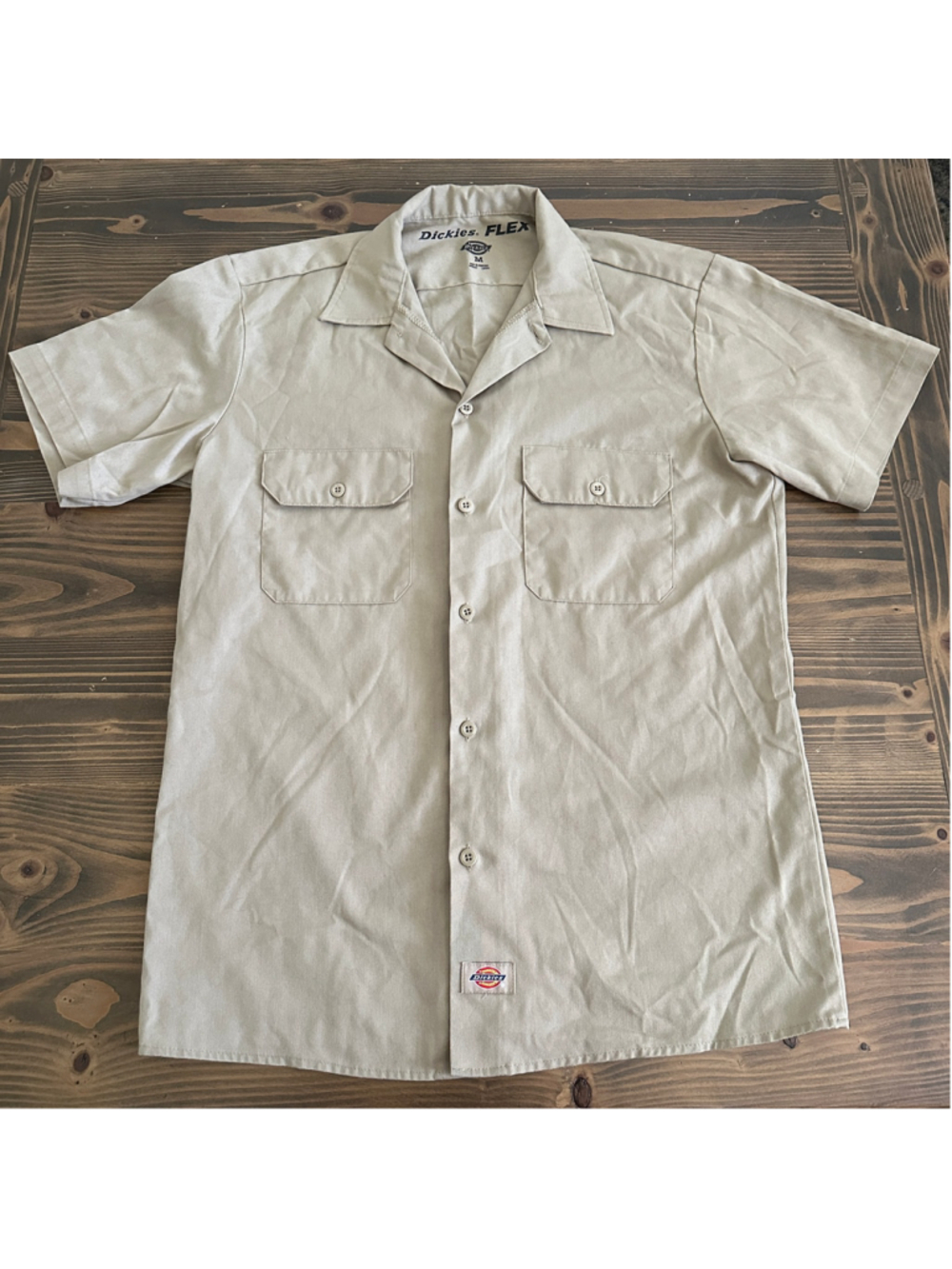 Dickies Men's FLEX Button Down Shirt M Beige Tan Workwear Utility Camp Collar